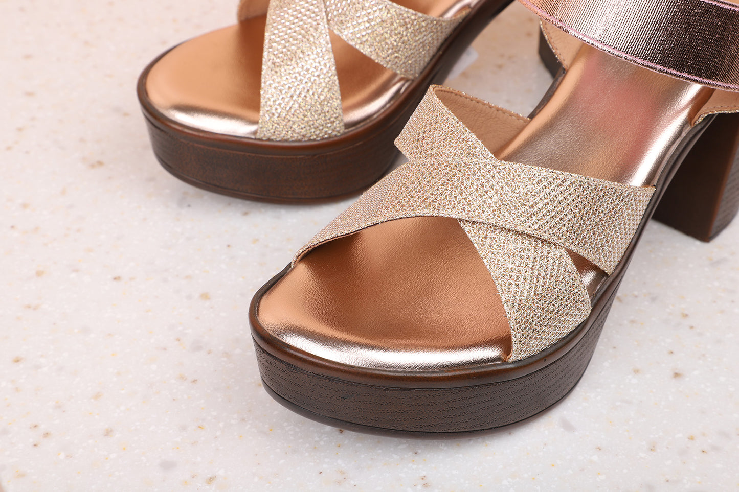 Women Rose Gold Embellished Platform Peep Toes Sandals