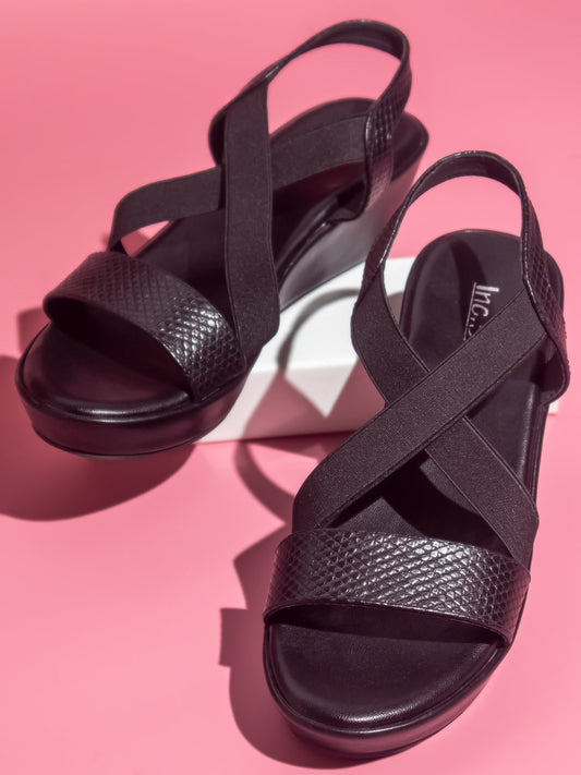 Women Black Solid Wedge Sandals