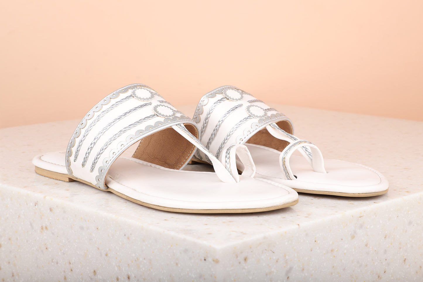 Women White & Toned Embellished One Toe Flats