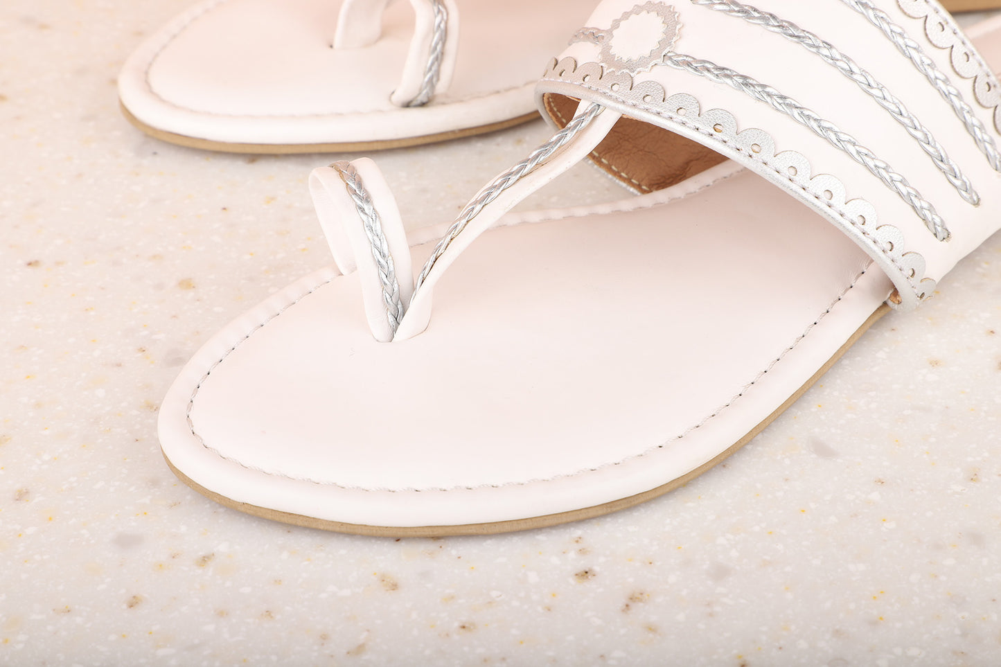 Women White & Toned Embellished One Toe Flats