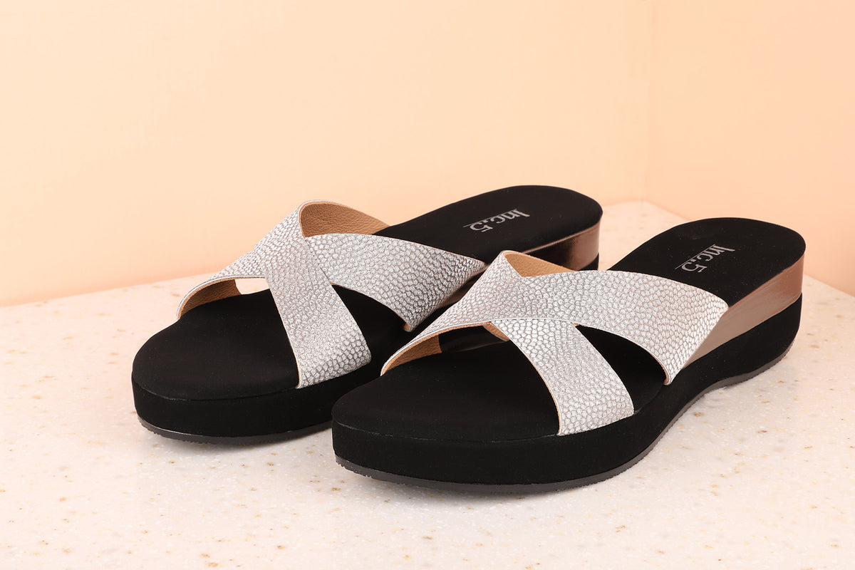Women Gun Metal Toned Wedge Mules
