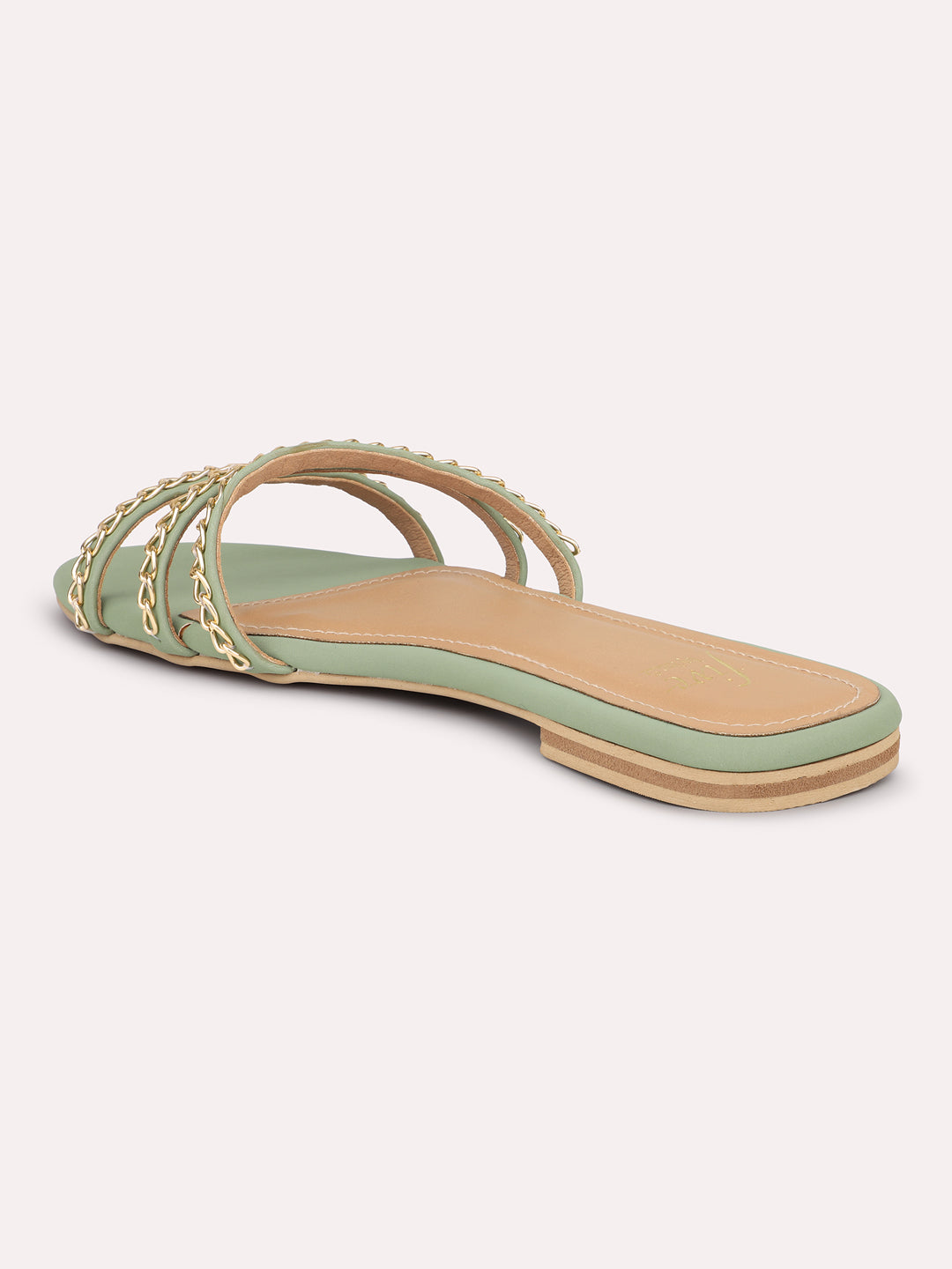 Women Green Striped Open Toe Flats With Chain detail
