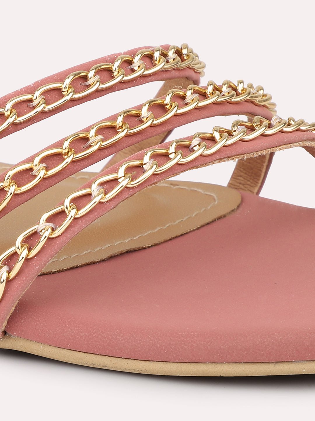 Women Peach Striped Open Toe Flats With Chain detail