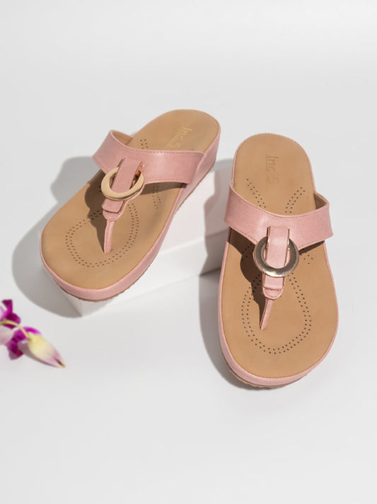 Women Peach Solid Comfort Heels Sandals
