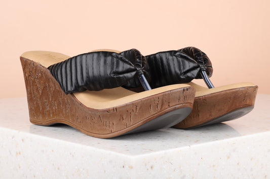 Women Black Textured Wedge Sandals