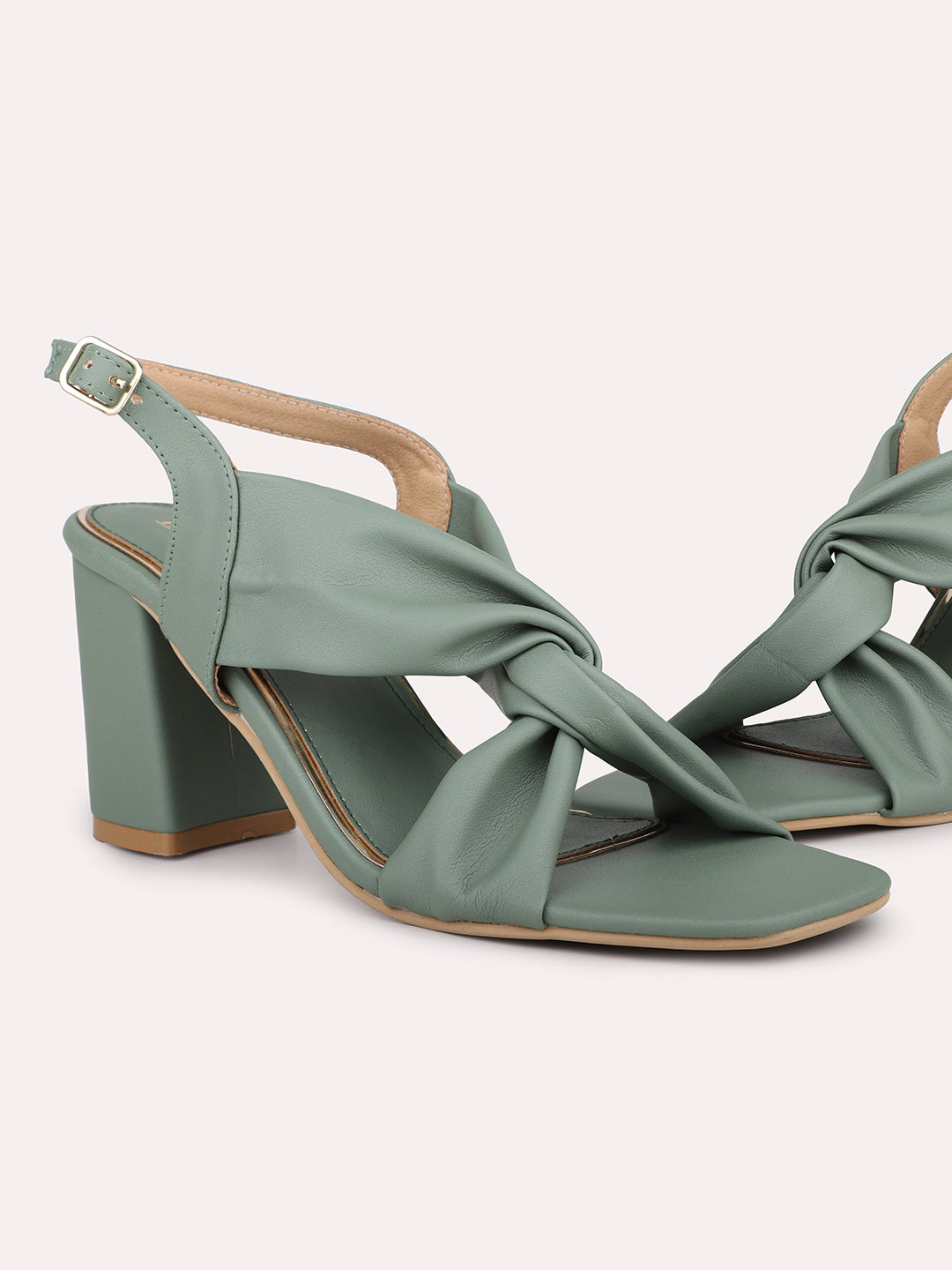 Women Green Cross Strap Block Heels With Buckles