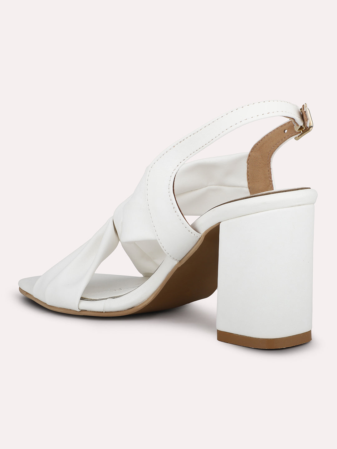 Women White Cross Strap Block Heels With Buckles