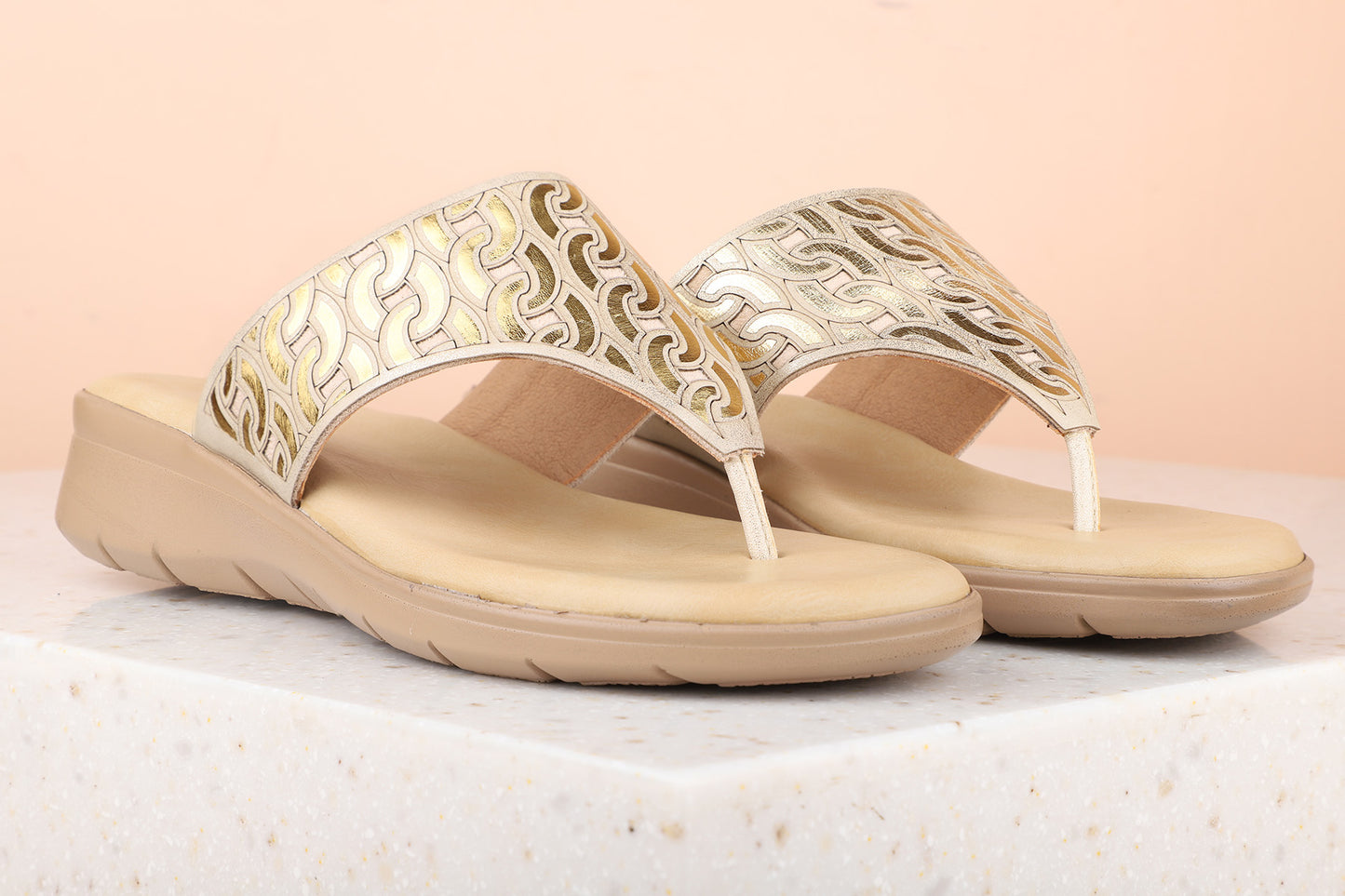 Women Gold Textured Comfort Heels with Laser Cuts