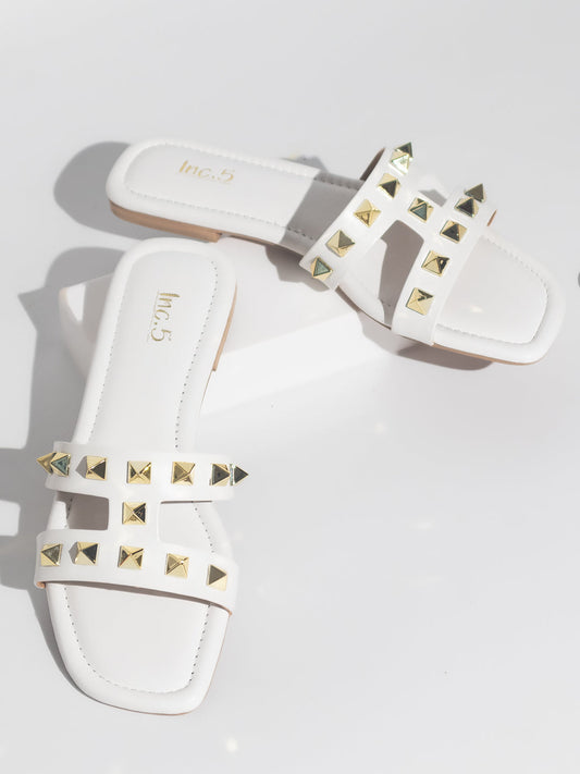 Women White And Gold-Toned Studded Open Toe Flats