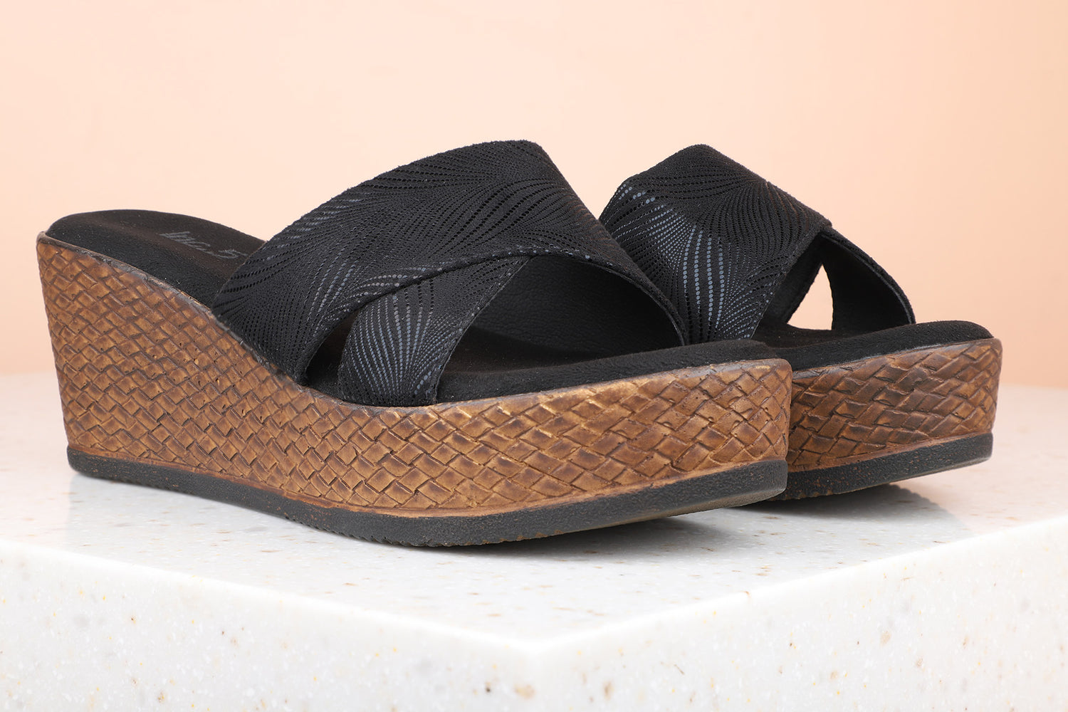 Women Black Textured Wedge Heels