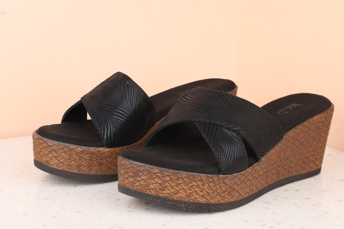 Women Black Textured Wedge Heels