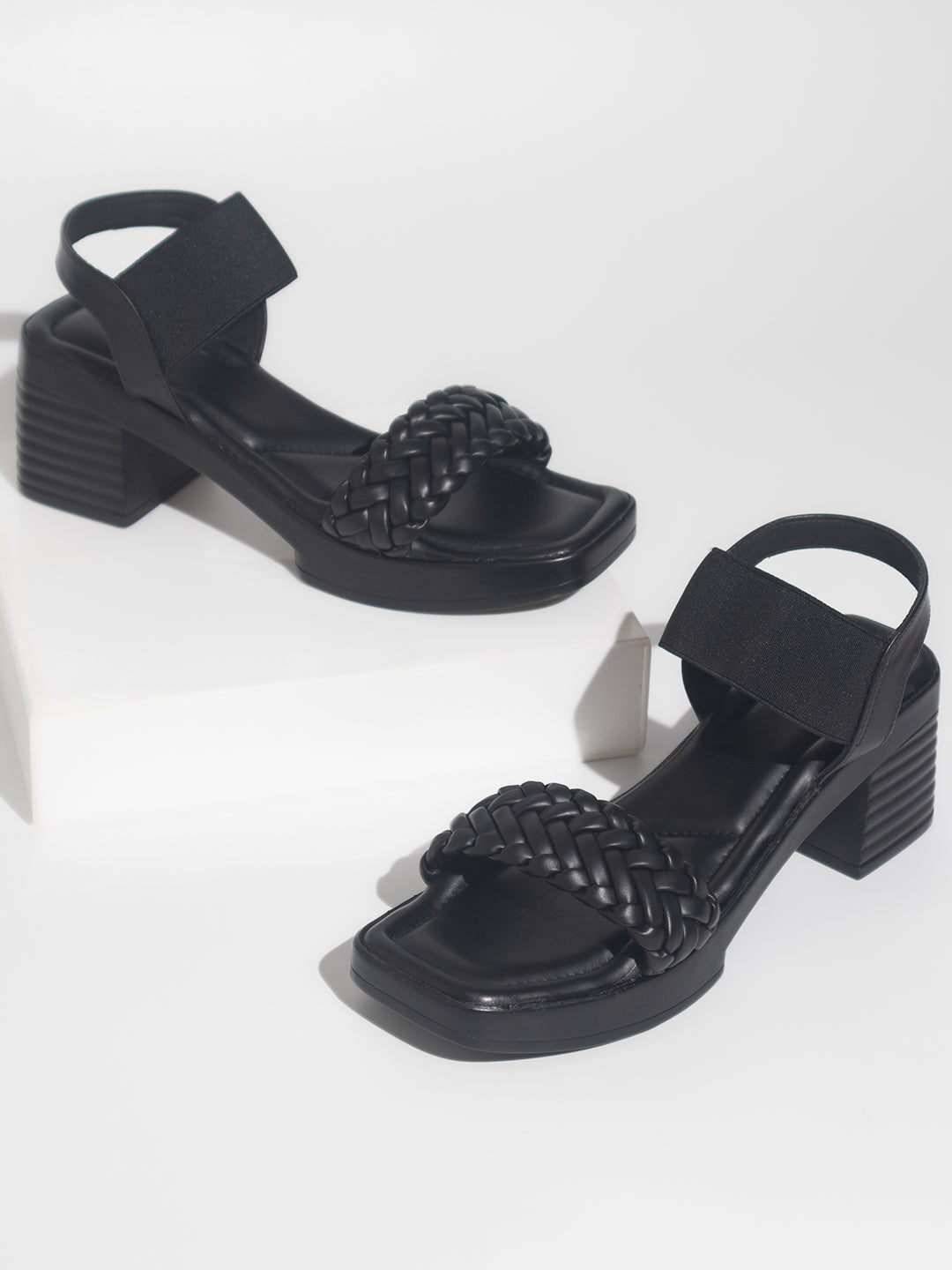 Women Black Textured Open Toe Platform Heels