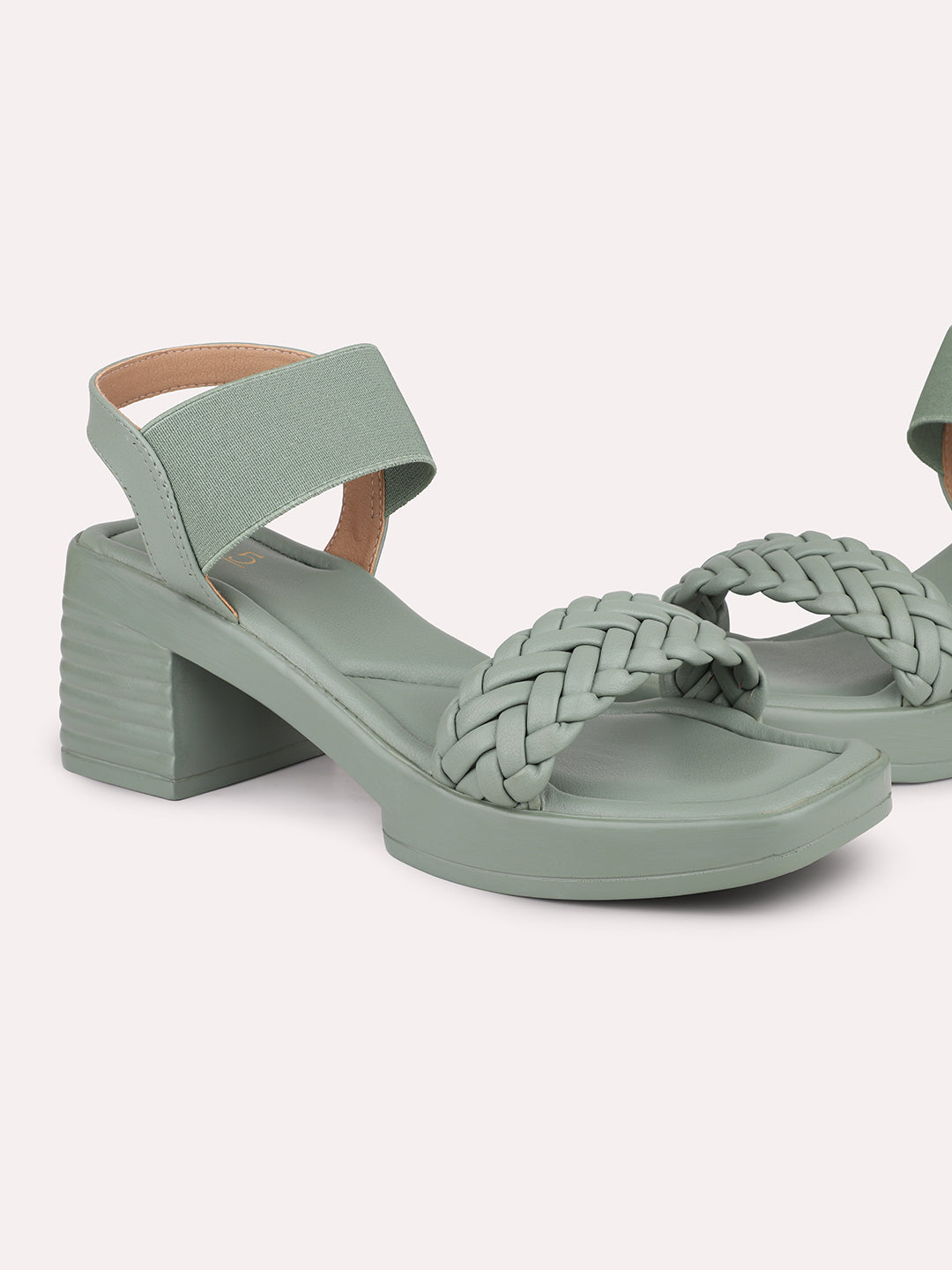 Women Green Textured Open Toe Platform Heels