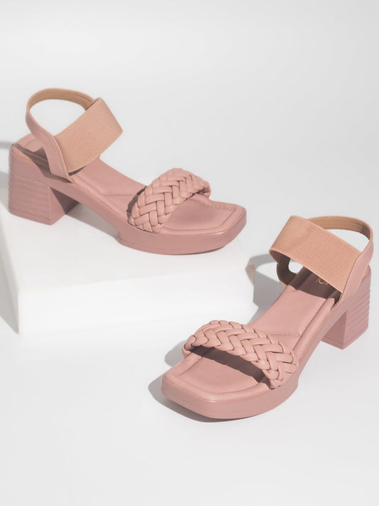 Women Peach Textured Open Toe Platform Heels
