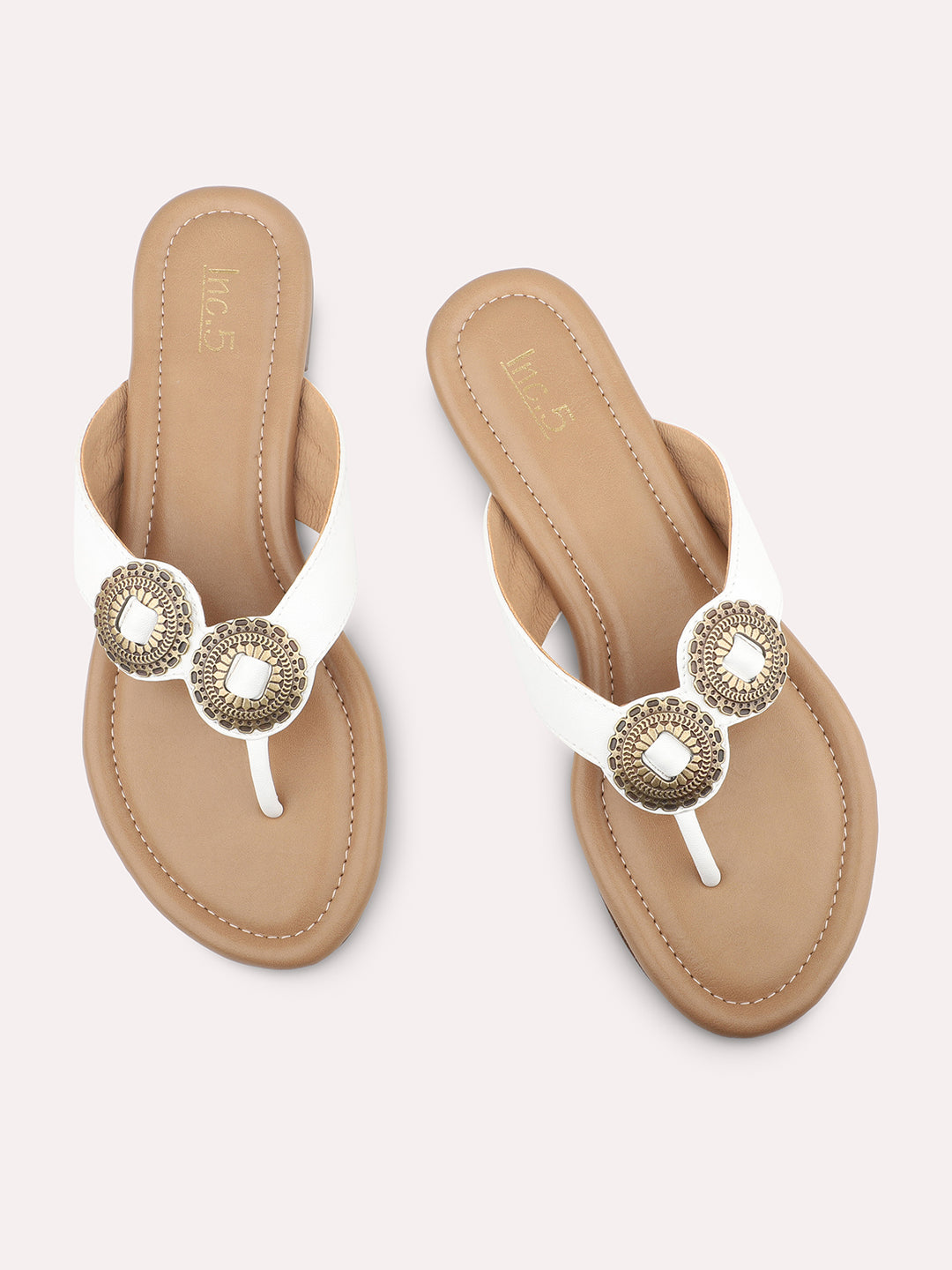 Women White Embellished Open Toe Flats