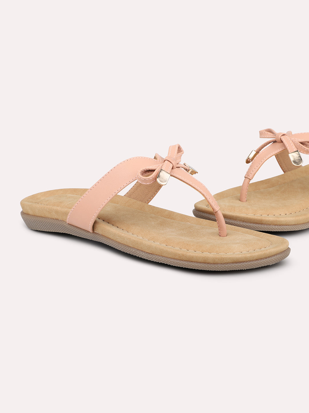 Women Peach Solid Open Toe Flats With Bows