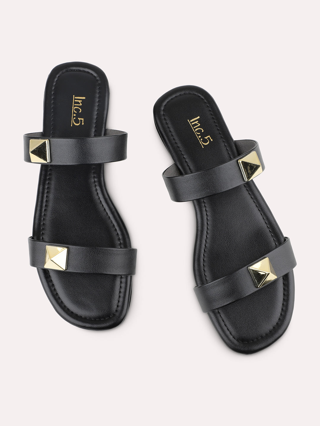 Women Black-Coloured And Gold-Toned Buckled Open Toe Flats