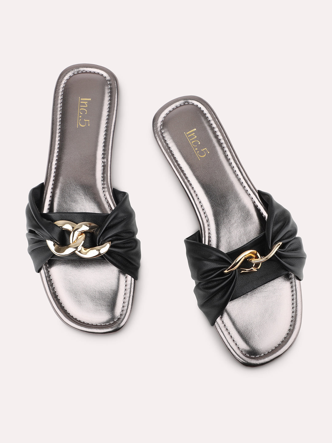 Women Black Embellished Open Toe Flats