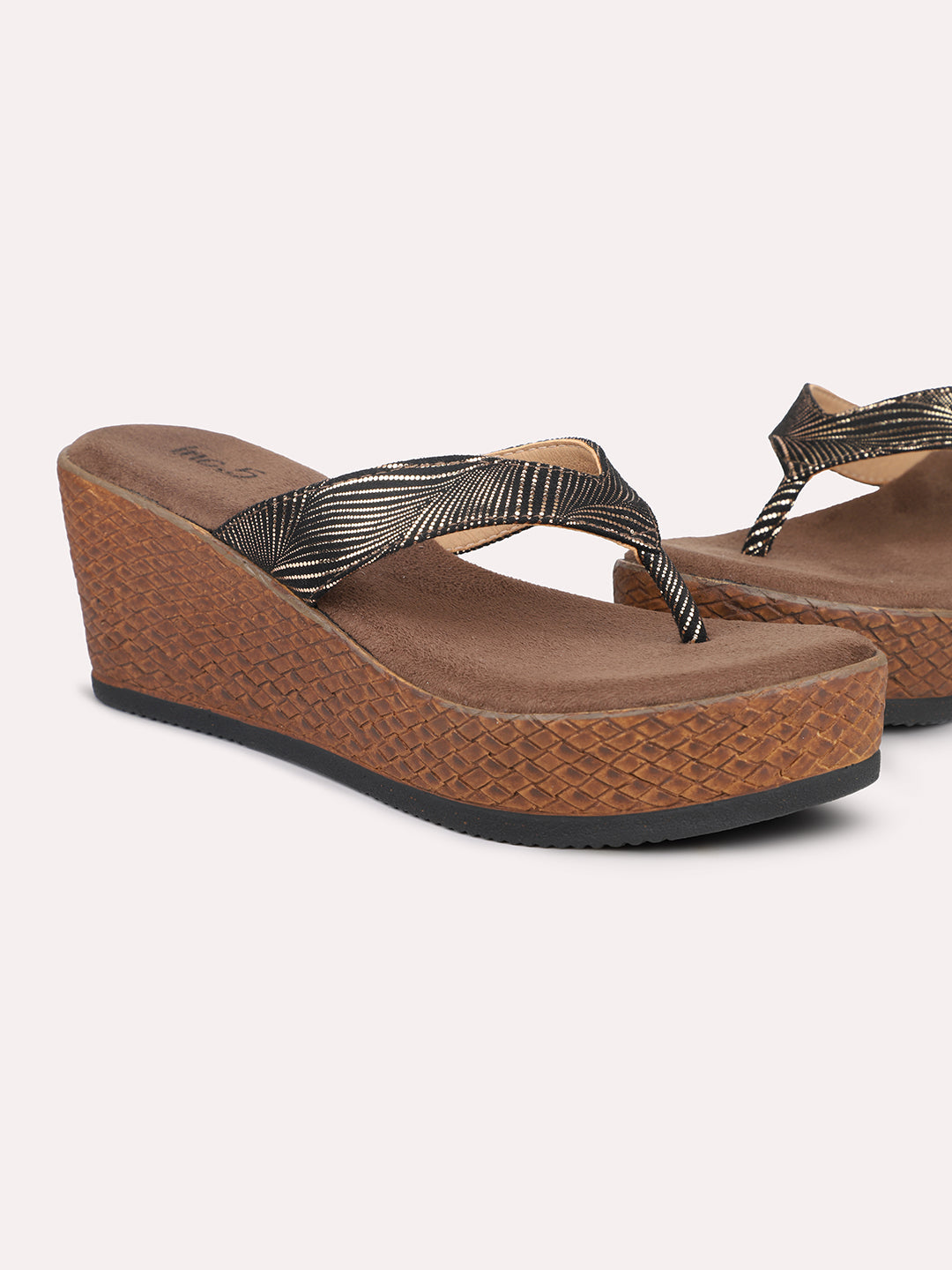 Women Antique-Toned Striped Embellished Wedge Heels