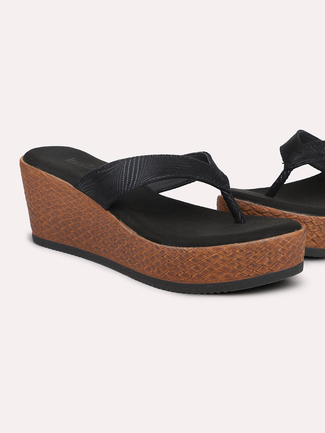 Women Black Striped Embellished Wedge Heels