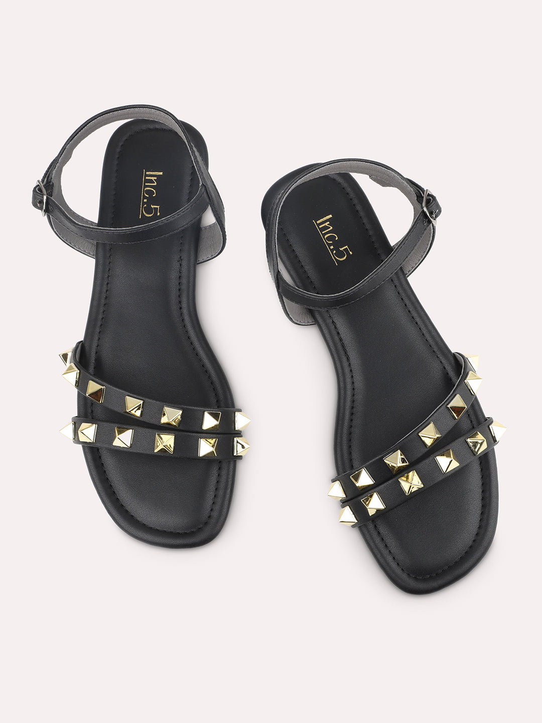 Women Black And Gold-Toned Studded Open Toe Flats