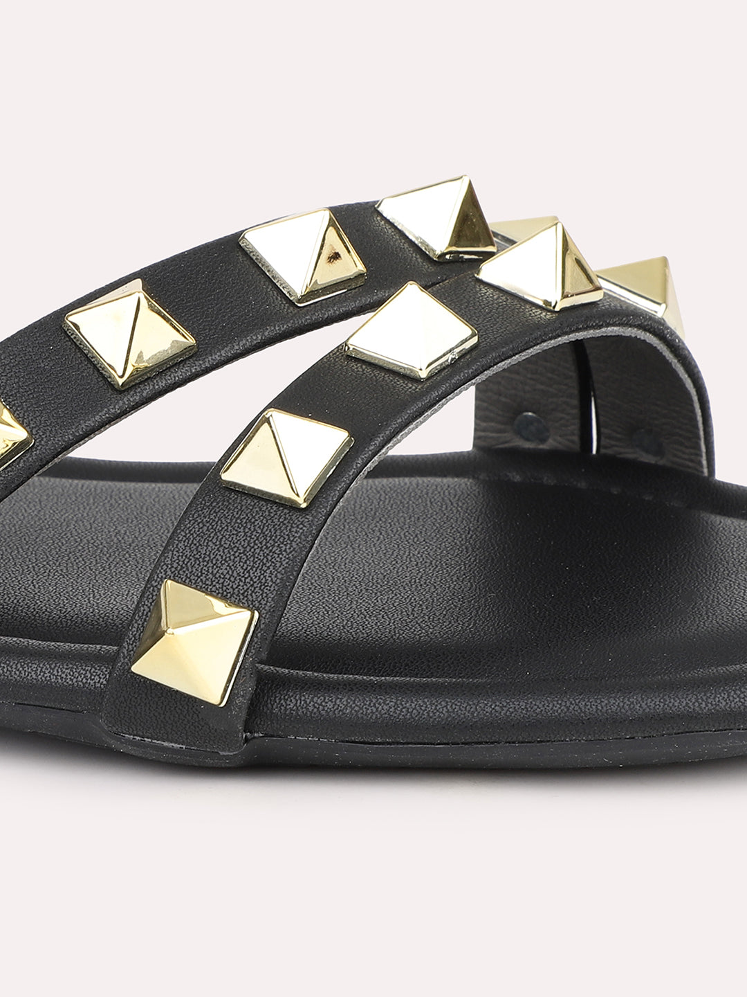 Women Black And Gold-Toned Studded Open Toe Flats