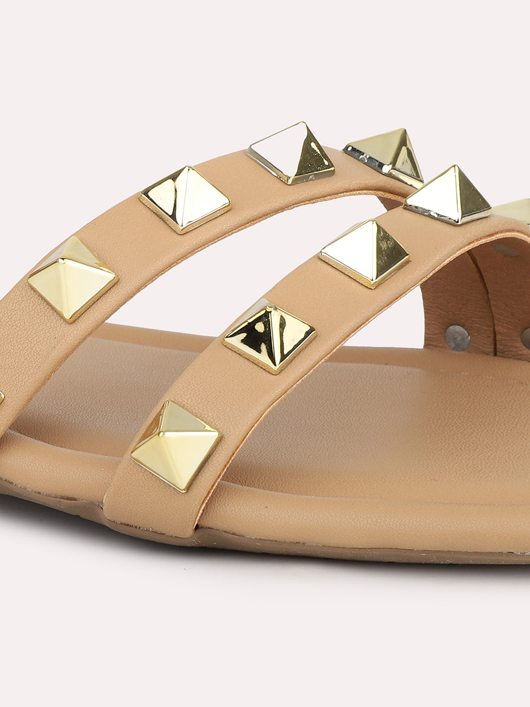 Women Beige And Gold-Toned Studded Open Toe Flats