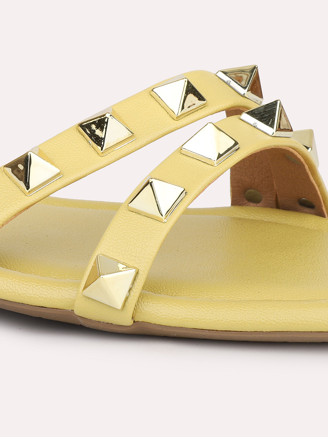 Women Yellow And Gold-Toned Studded Open Toe Flats