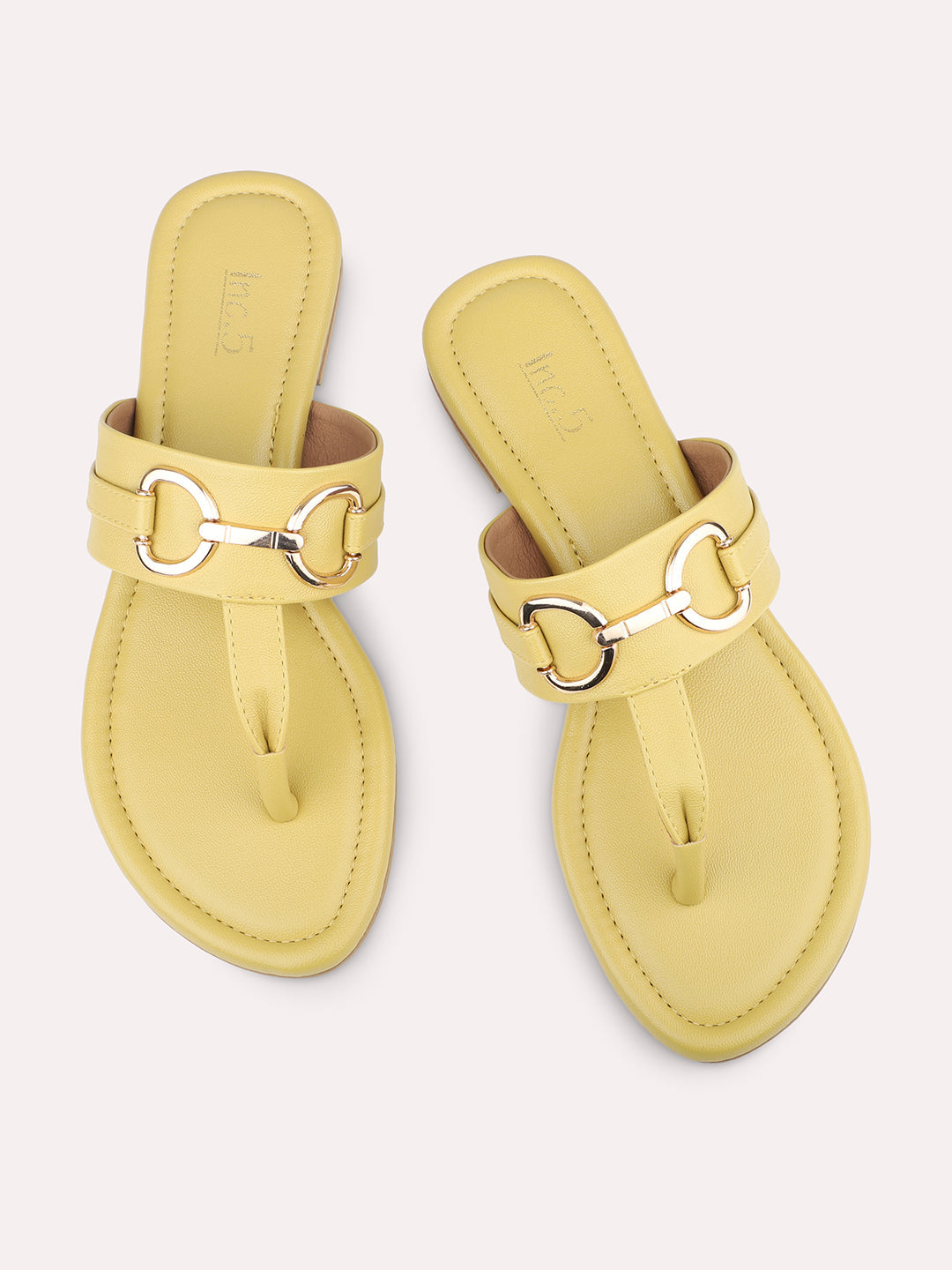White Yellow Embellished T-Strap Flats