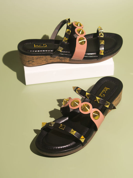 Women Black & Gold-Colourblocked Comfort Heels