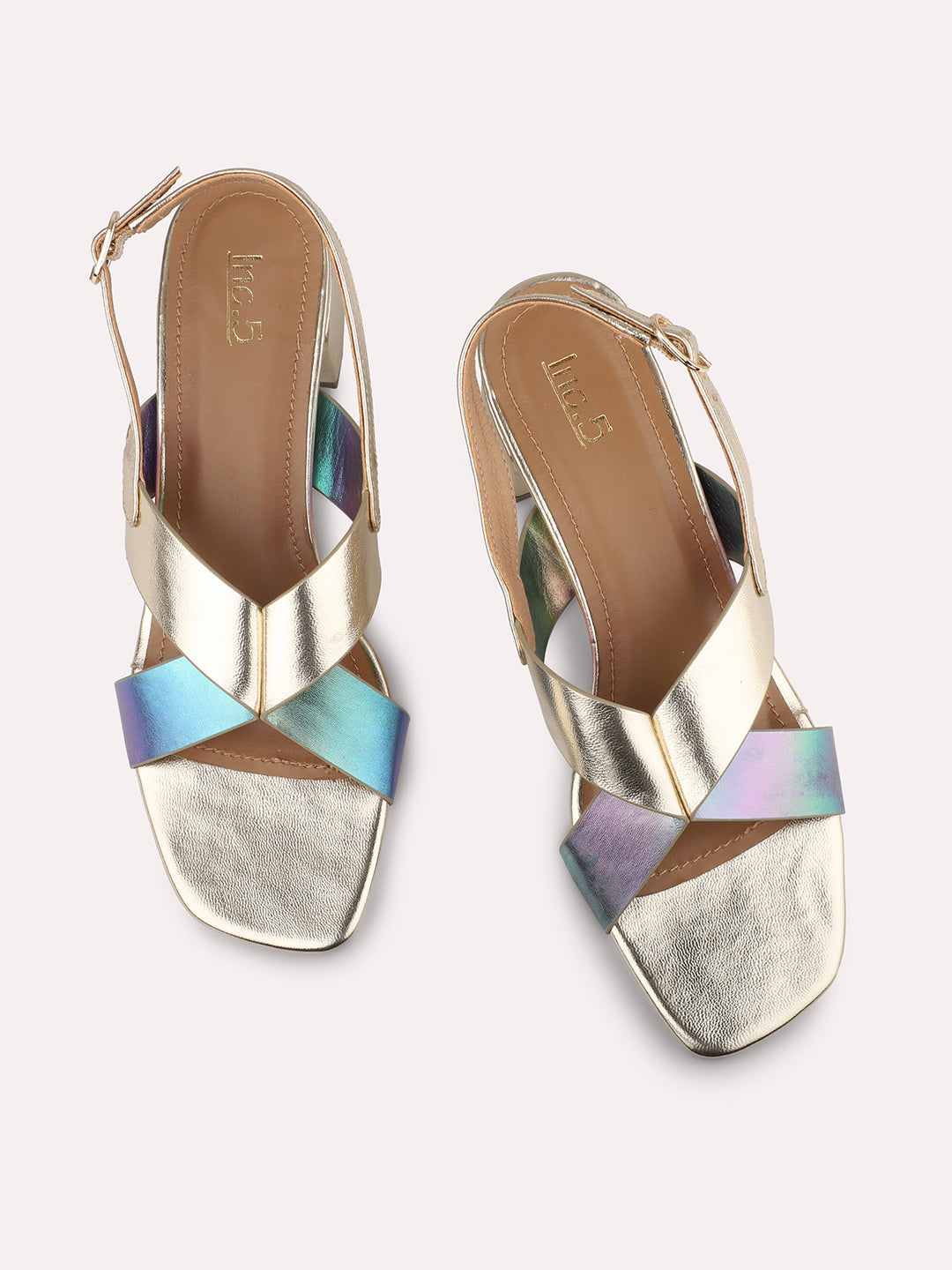 Women Gold-Toned Iridescent Effect Colourblocked Block Heels