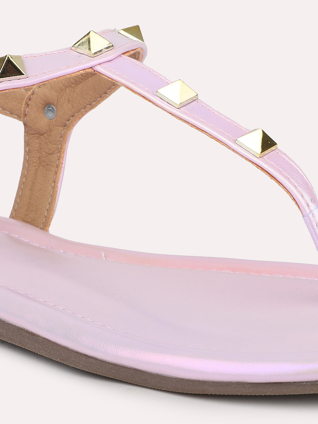 Women Pink And Gold-Toned Studded Open Toe Flats