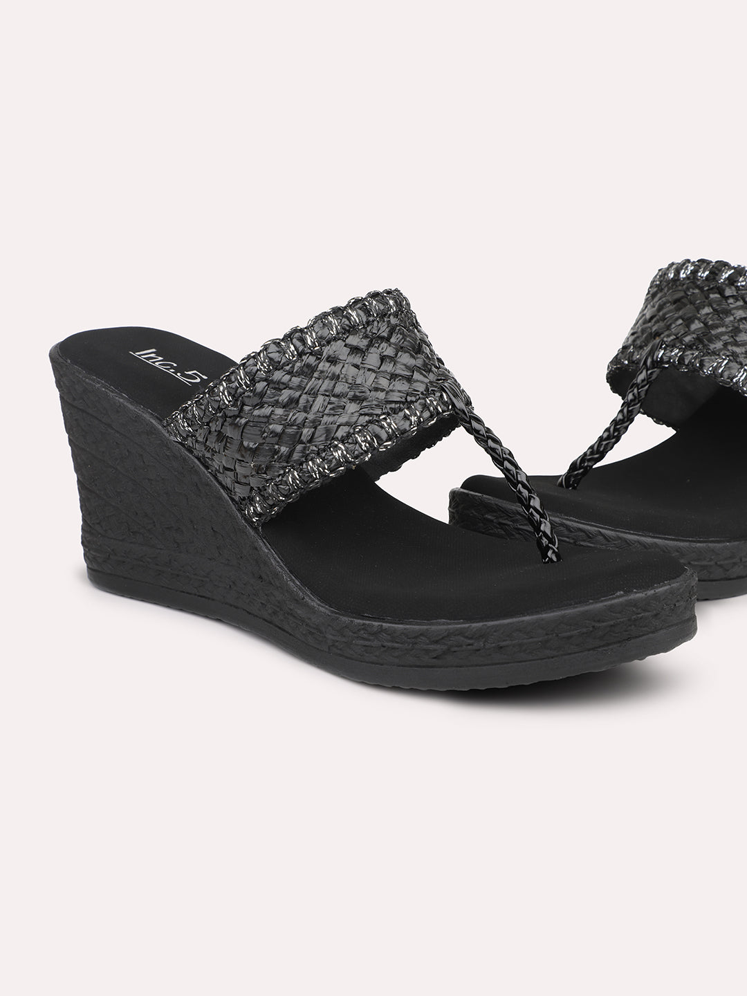 Women Black Textured Open Toe Wedges