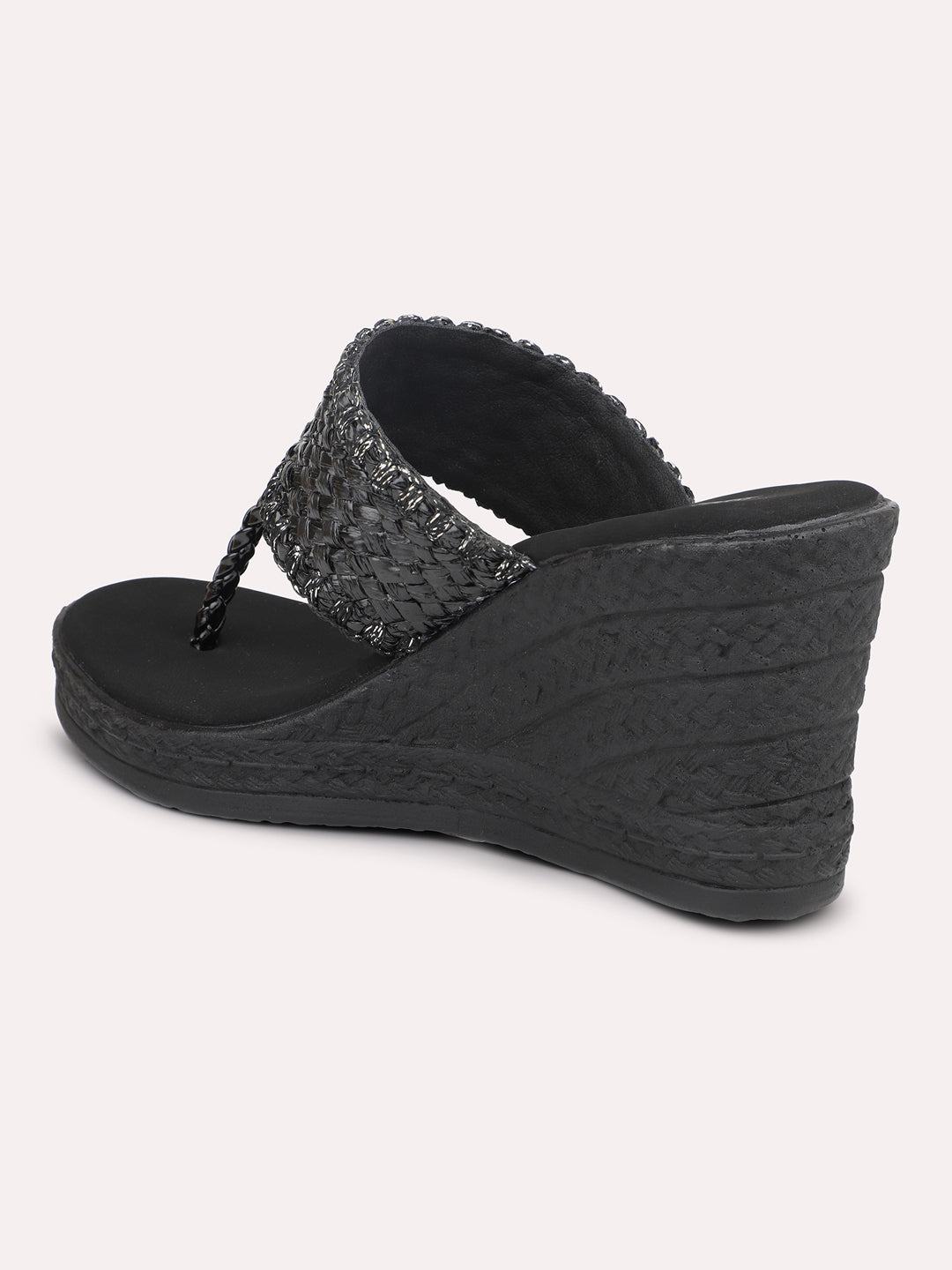 Women Black Textured Open Toe Wedges