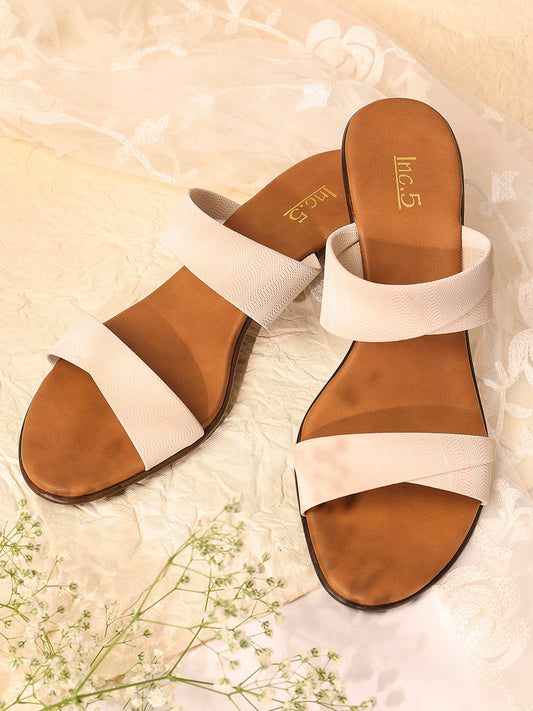 Women Beige Textured Kitten Sandals