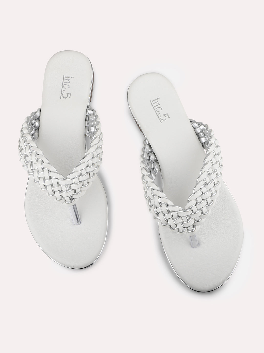 Women White And Pewter-Toned Textured Open Toe Flats