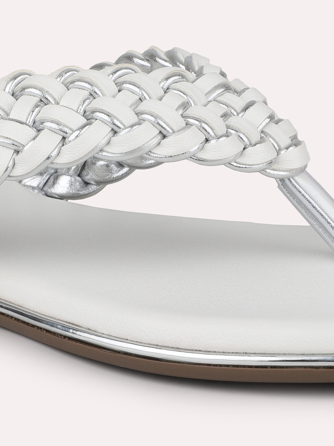 Women White And Pewter-Toned Textured Open Toe Flats