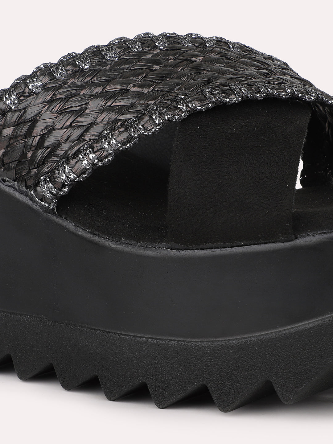 Women Black Textured Flatform Heels