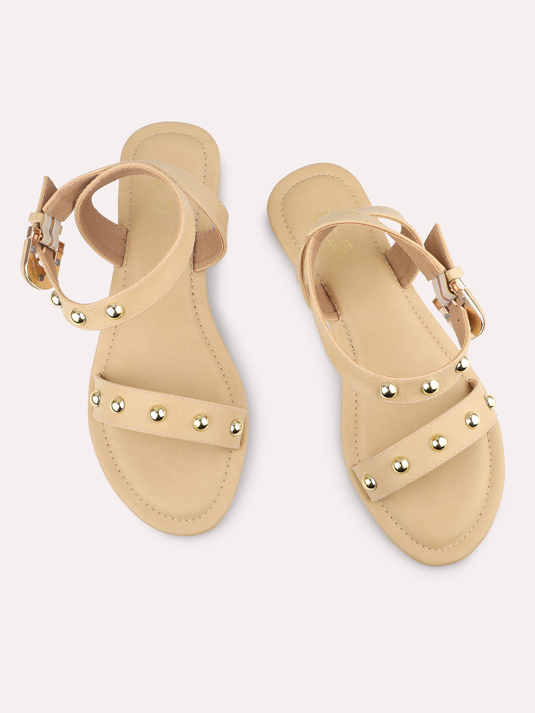 Women Beige And Gold-Toned Studded Open Toe Flats