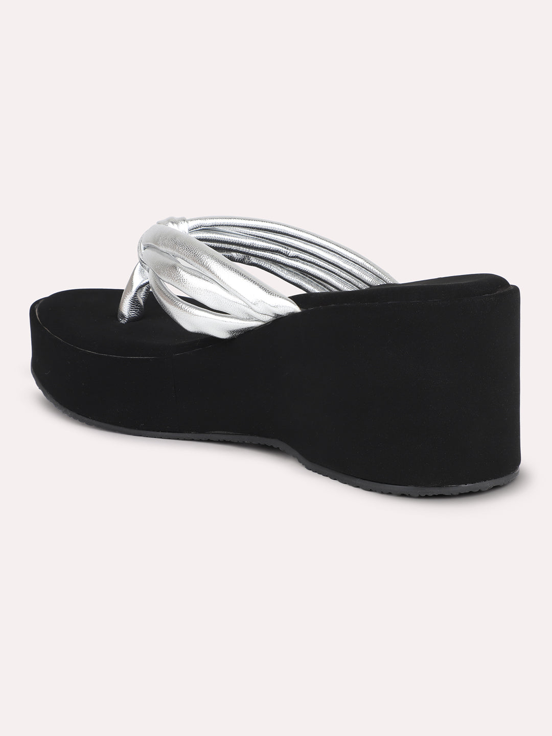 Women Silver Striped Knotted Wedges Heels