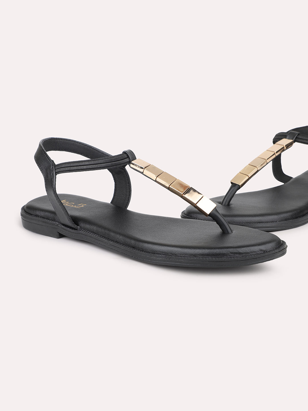 Women Black And Gold-Toned Open Toe Flats