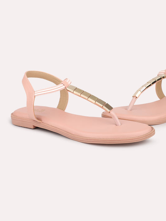 Women Peach And Gold-Toned Open Toe Flats
