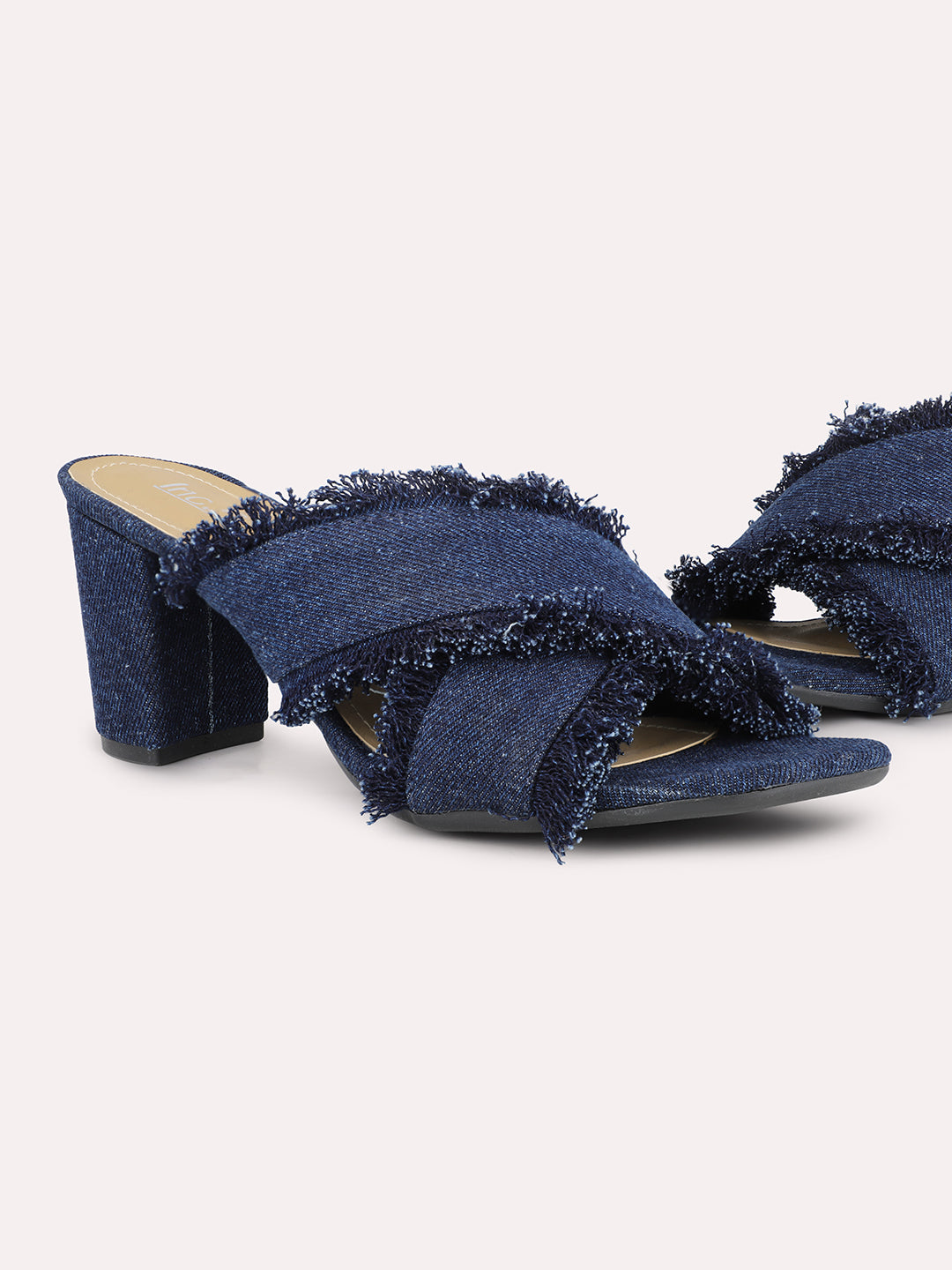 Women Navy Open Toe Denim Block Heels