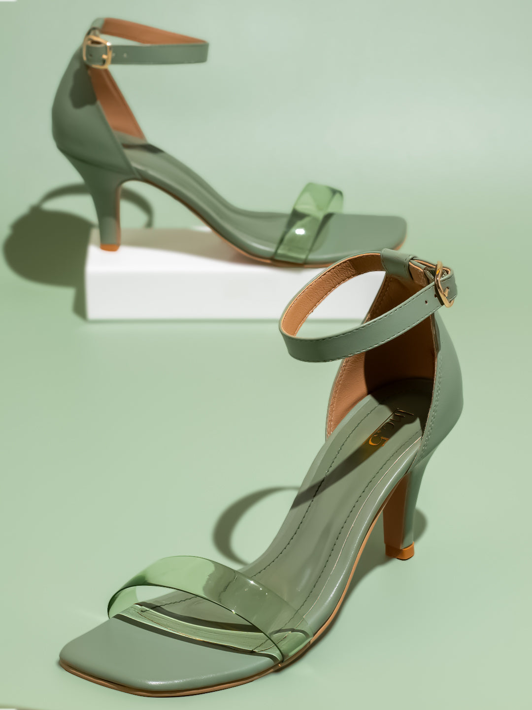 Women Green Open Toe Block Heels With Ankle Loop