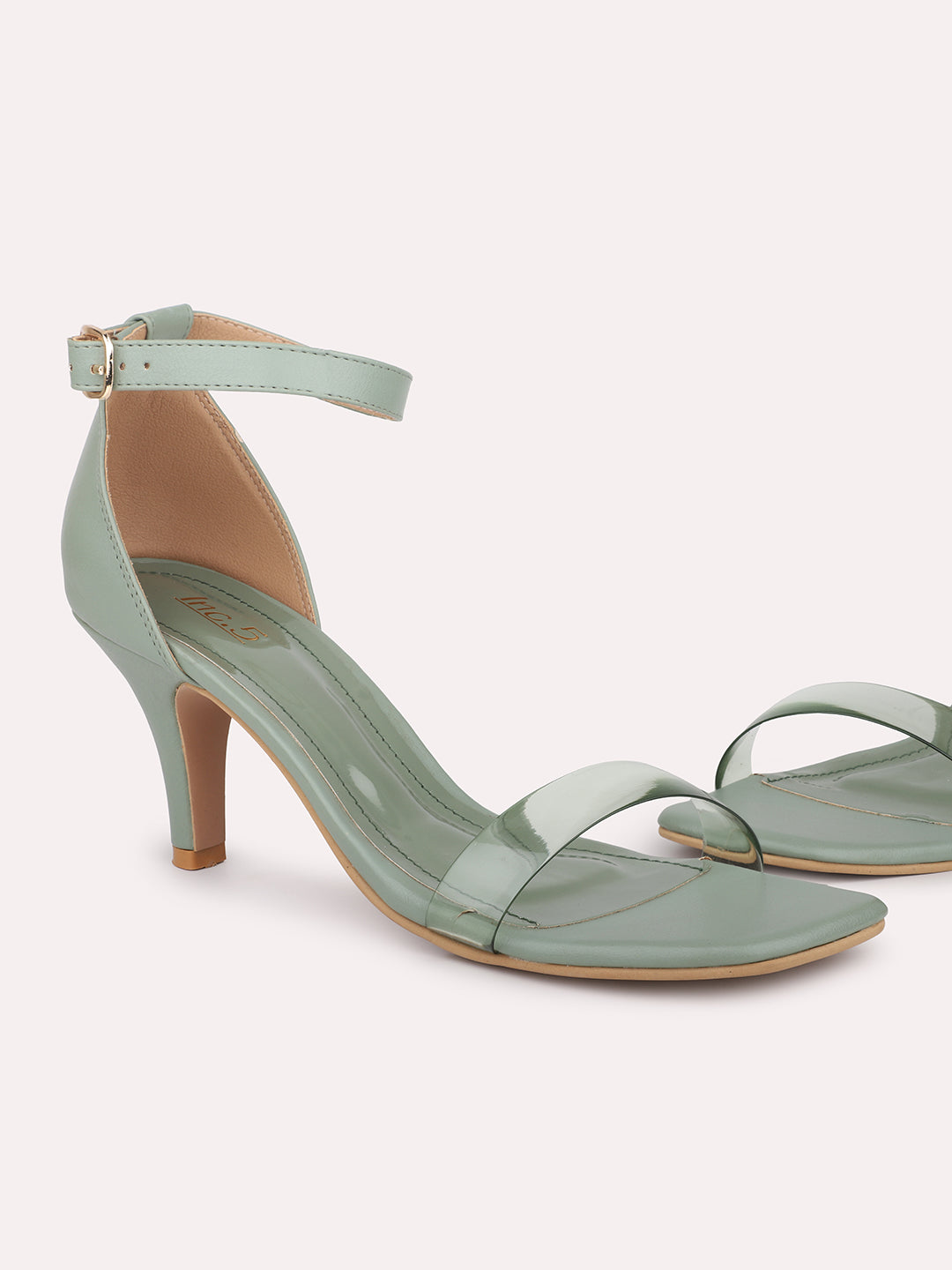 Women Green Open Toe Block Heels With Ankle Loop