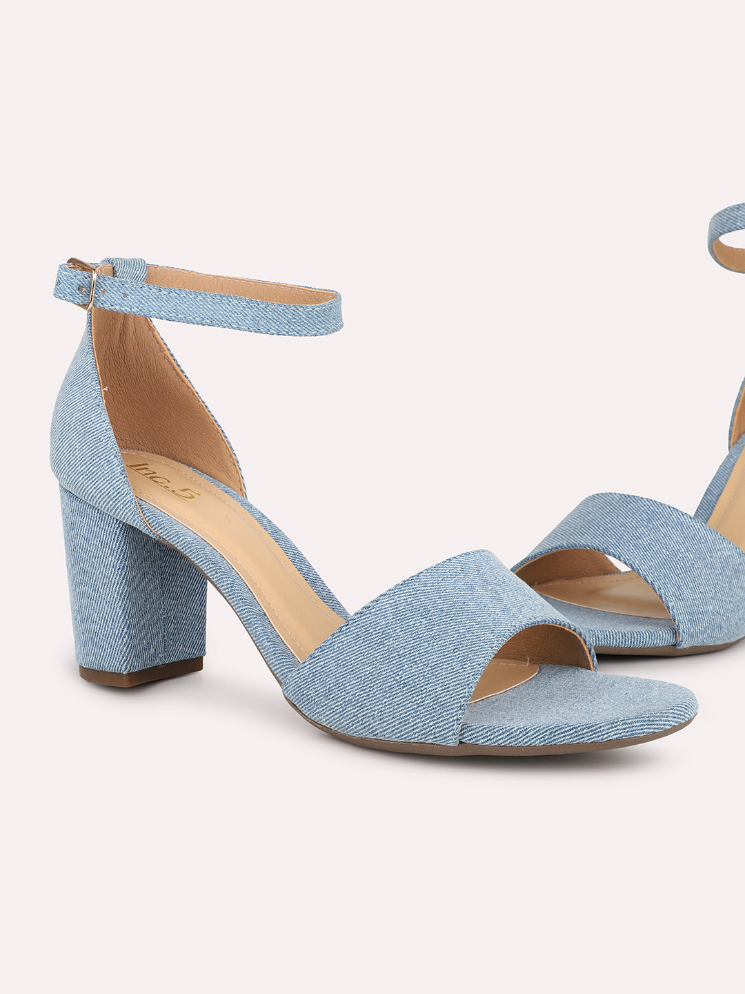 Women Blue Denim Open Toe Block Heels With Ankle Loop