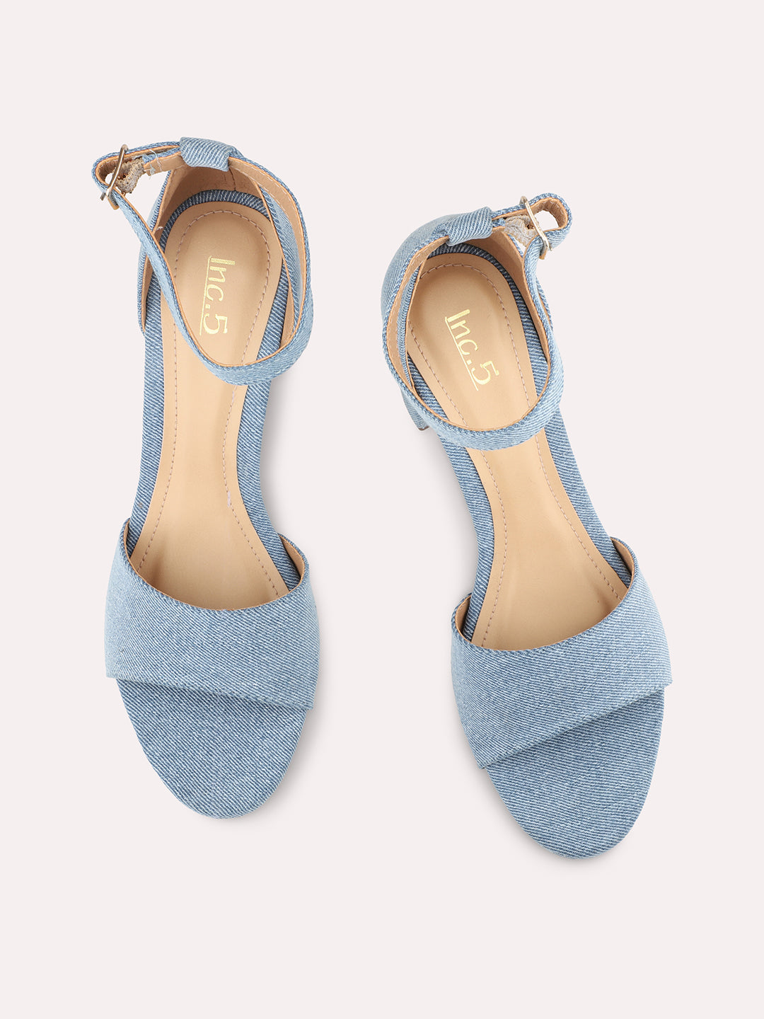 Women Blue Denim Open Toe Block Heels With Ankle Loop