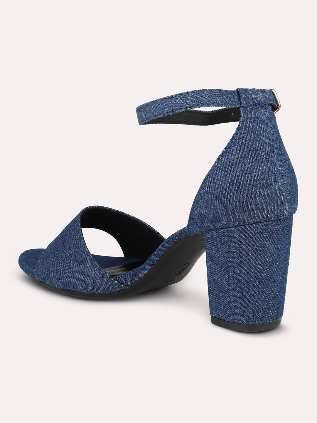 Women Navy denim Open Toe Block Heels With Ankle Loop