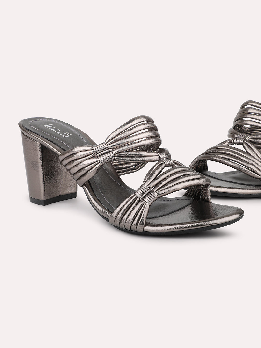 Women Pewter Embellished Striped Open Toe  Block Heels