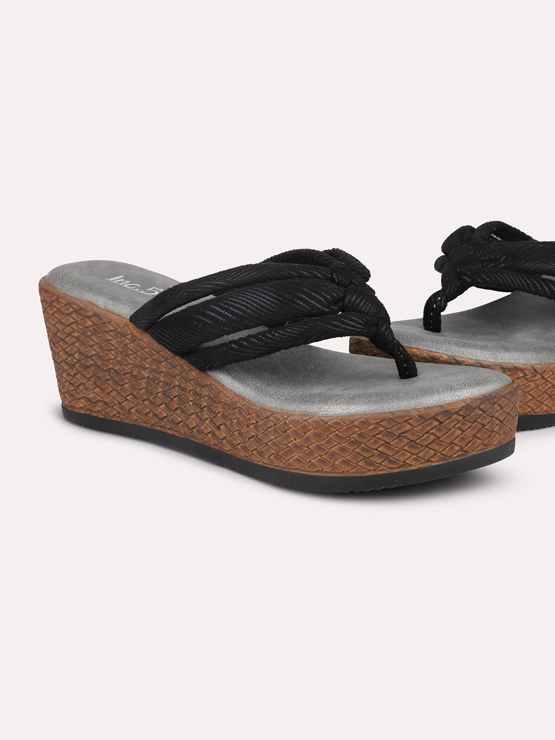 Women Black Embellished Open Toe Wedge Heels